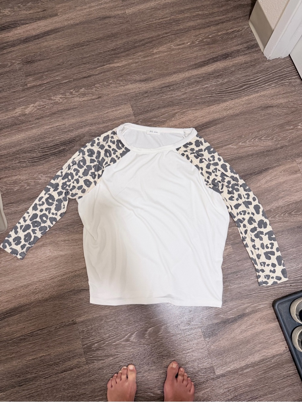 White Long Sleeve Top with Gray Leopard Sleeves